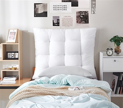 DormCo puffy white headboard in dorm room