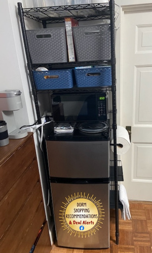 Dorm Mini Fridge and Microwave in Kitchen Storage Shelves