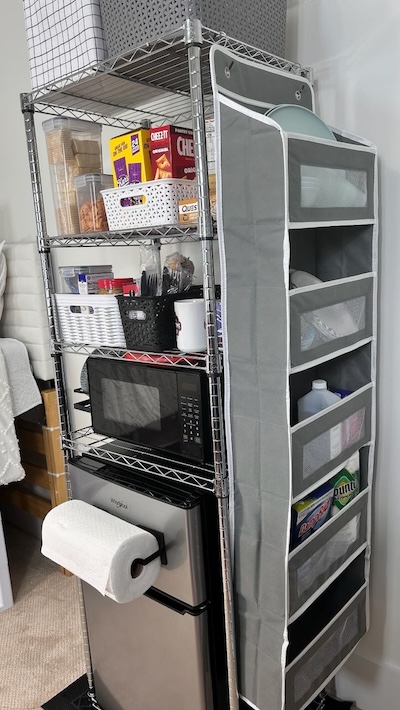 dorm kitchen with over door storage organizer