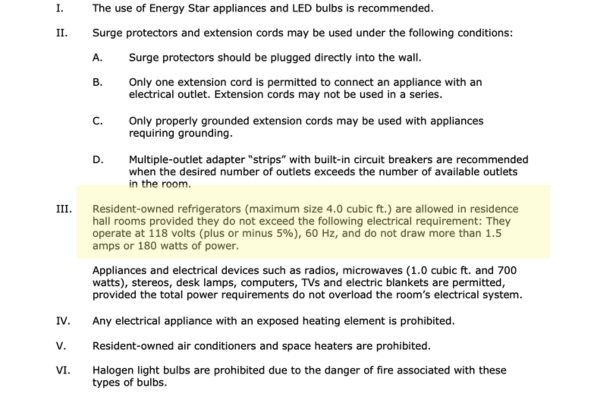 UGA dorm rules for mini fridge